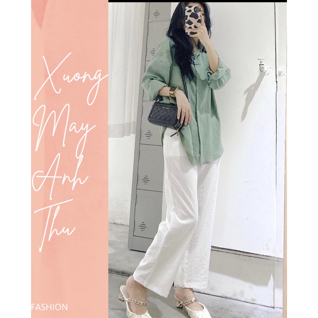 Set quần sớ đũi áo sơ mi xanh be nữ [FREESHIP] Bộ đồ công sở cao cấp, dáng suông ống rộng bigsize trendy ulzzang HOT