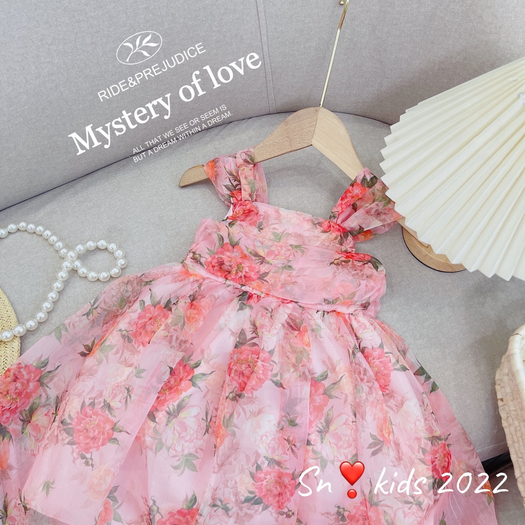 Đầm hoa nhí công chúa bé gái, váy tơ nhún xếp tầng ngực tiểu thư 2 lớp cho bé