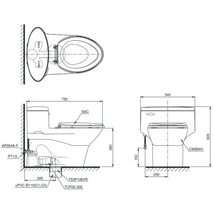 Bồn Cầu TOTO MS904T8 Một Khối Nắp Êm TC600VS, Nắp Êm TC393VS