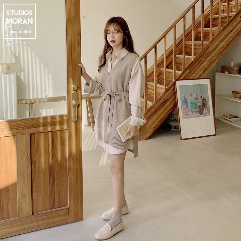 Set MORAN váy sơ mi + Áo vest len gile dáng dài thắt eo công sở sang trọng trẻ trung Hàn Quốc