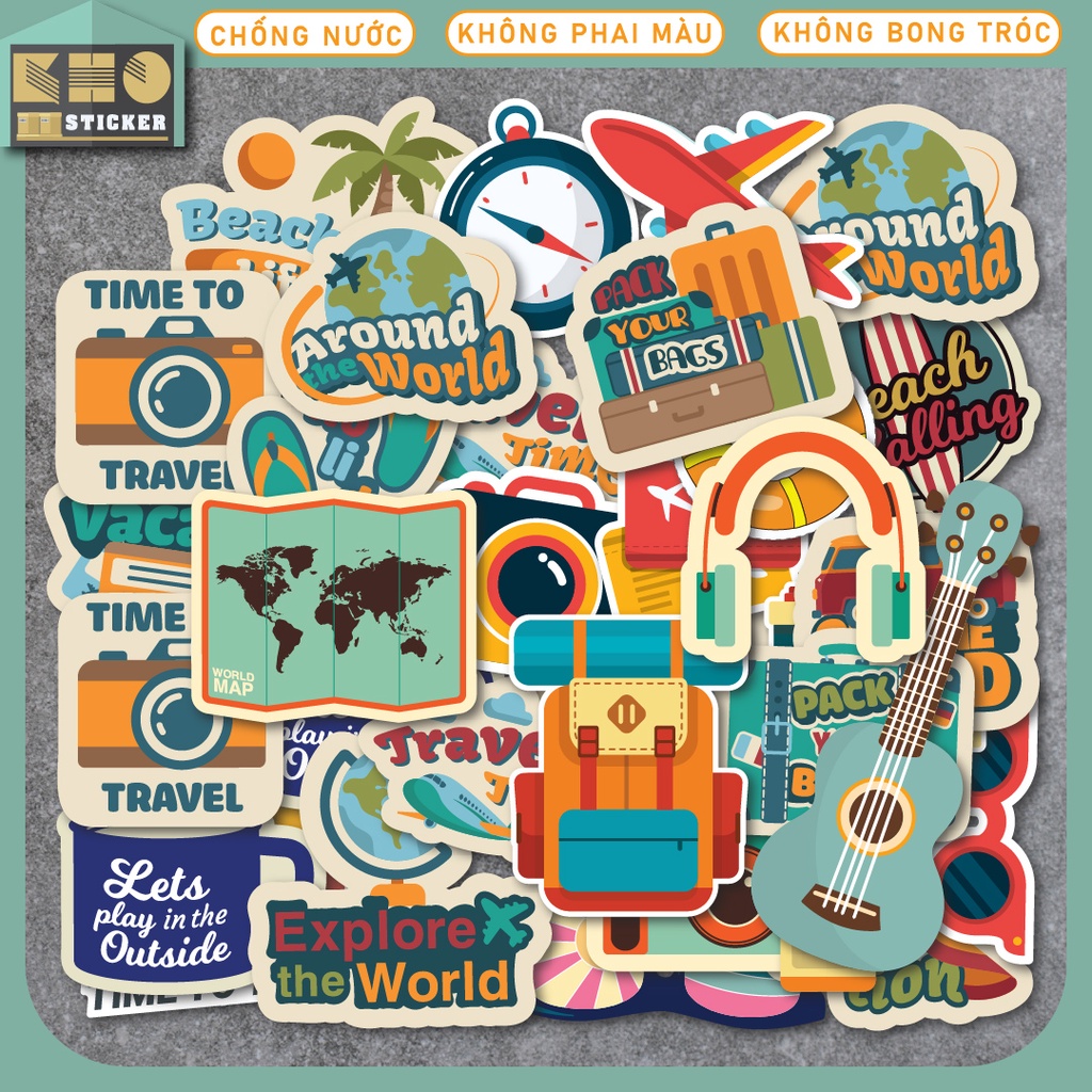Nguyên bộ Sticker Travel Du lịch chống nước sticker dán laptop, điện thoại, đàn guitar, mũ bảo hiểm, vali. MSP: K.T03