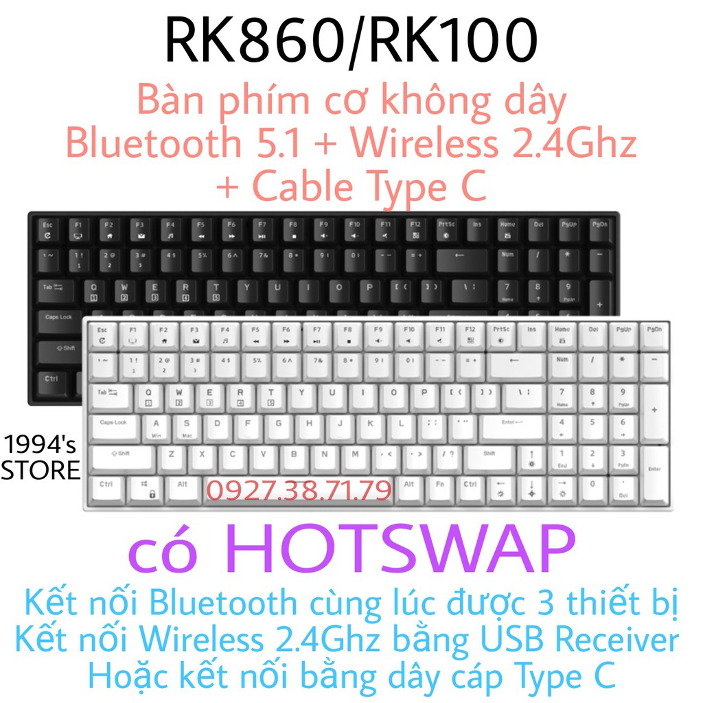 (CÓ SẴN) Royal Kludge RK100 HOTSWAP - Bàn phím cơ không dây RK100 RK860 Wireless 2.4G + Bluetooth 5.1 + Có dây Type C