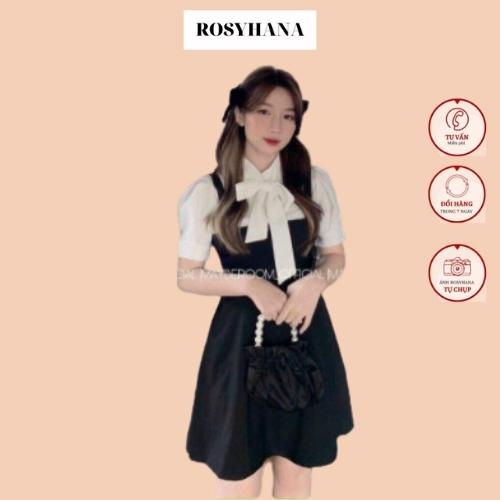 Set váy yếm đen áo sơ mi trắng buộc nơ cổ phong cách tiểu thư phom body Rosyhana _Rosyhana