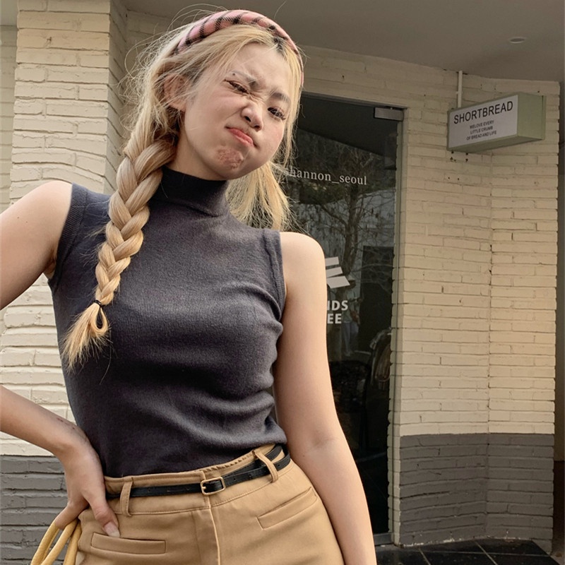 Áo Dệt Kim Sát Nách Cổ Cao Thời Trang Mùa Thu Cho Nữ