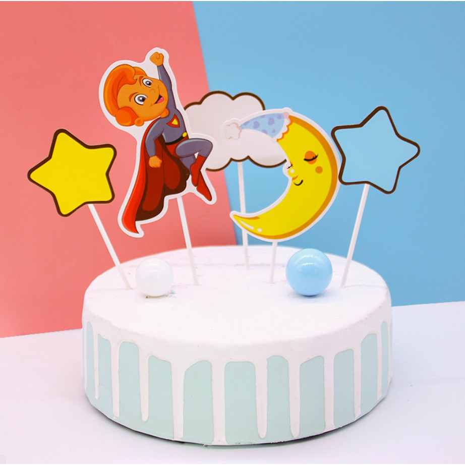 Set cắm giấy Siêu Nhân Đám Mây Mặt Trăng trang trí bánh, set cắm giấy siêu nhân