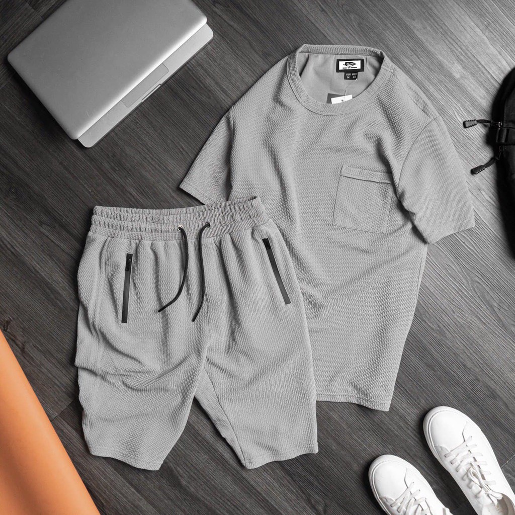 Bộ quần áo thun cho nam vải wafle vân bắp, bộ đồ thể thao vải bắp cộc tay co dãn 4 chiều dành cho nam | BigBuy360 - bigbuy360.vn