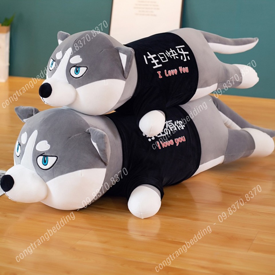 Gấu Bông Hình Thú Husky, gối ôm hình thú nhồi bông cho bé - Chó HUSKY, chó ALASKA - Hàng nhập khẩu nguyên con kèm áo