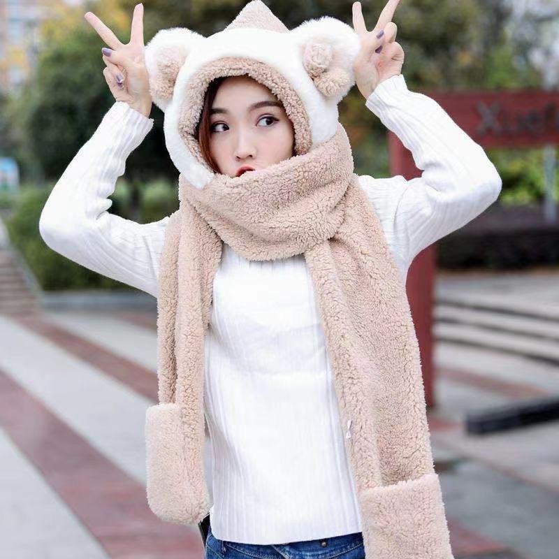 MŨ LÔNG LIỀN KHĂN TAI GẦU CHÙM ĐẦU SIÊU ẤM CHO MÙA ĐÔNG( hàng loại 1)