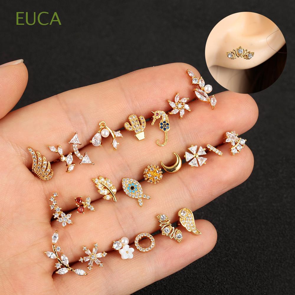 EUCA 1PC Moon Star Flower Body Jewelry Stainless Steel Hippocampus Cactus Wing Back Screw Piercing Earrings