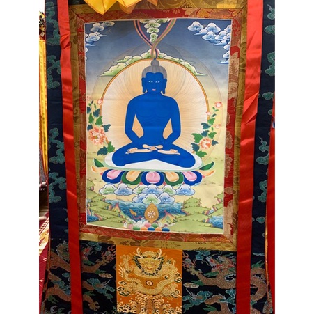 Tranh Thangka gấm xanh song long 1.35m