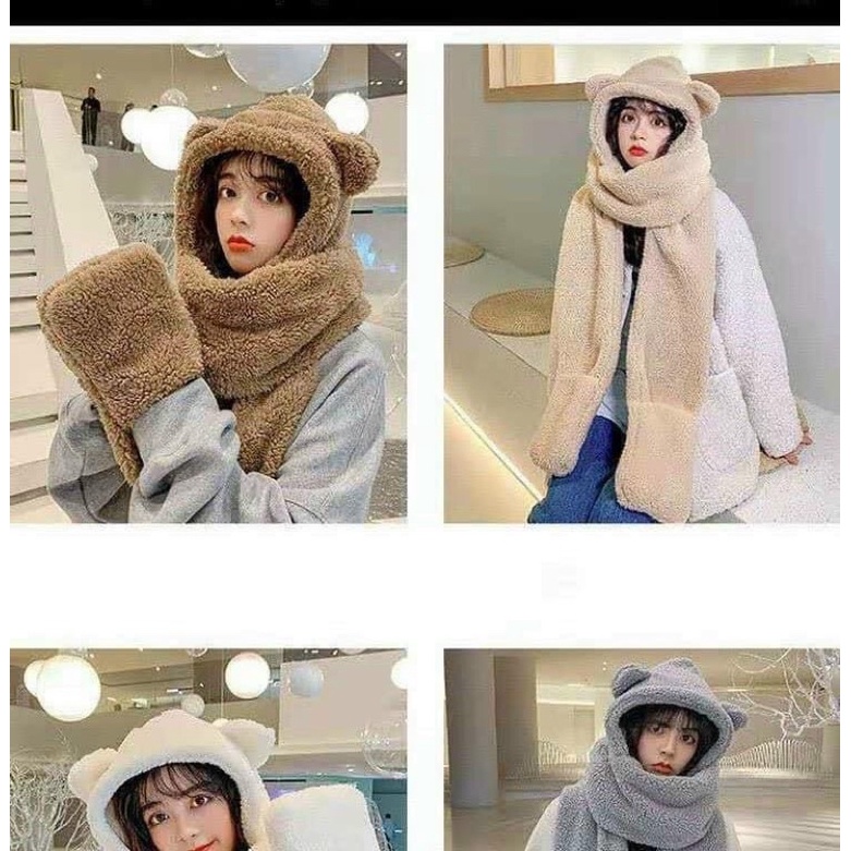 Mũ gấu lông cừu 3 in 1 ( mũ kèm khăn sỏ tay hình gấu)