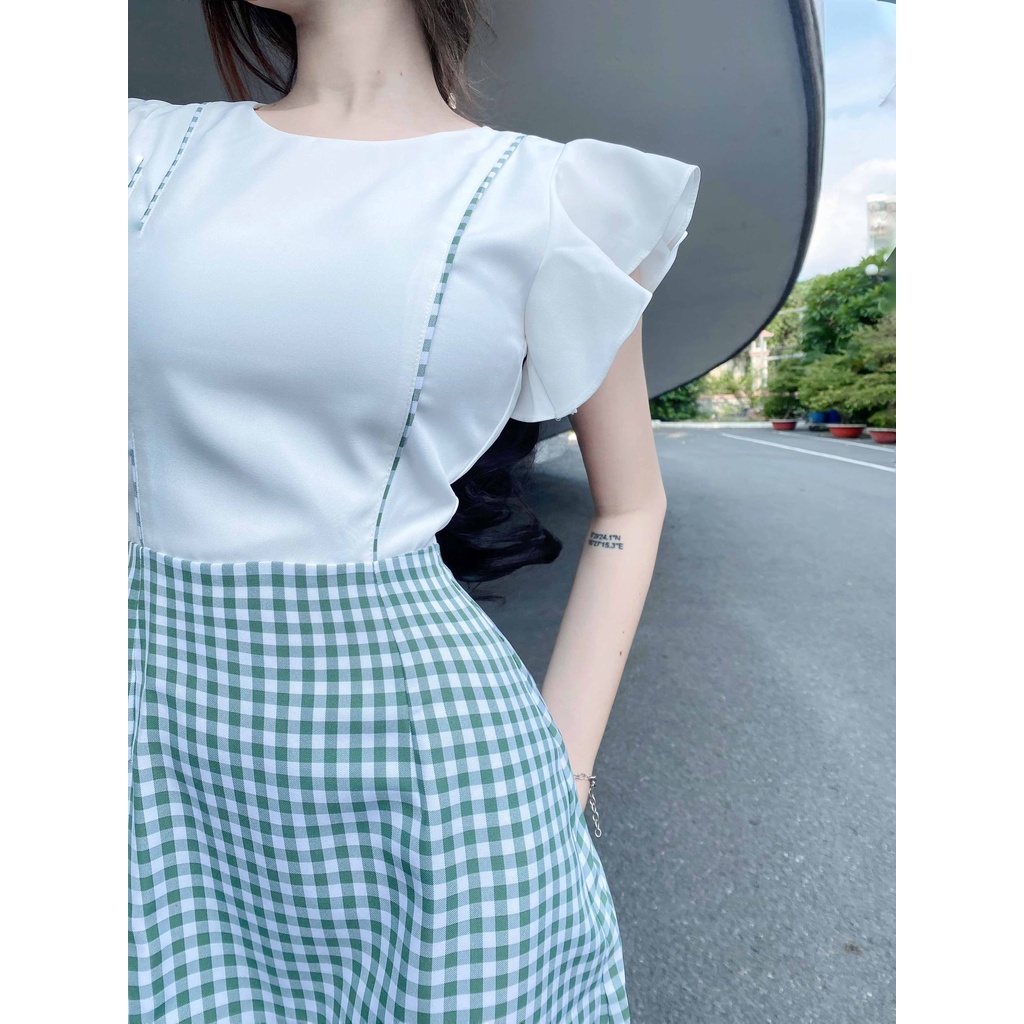 Đầm nữ xinh công sở chữ a thiết kế thanh lịch tay ngắn bánh bèo trắng phối tùng caro thời trang đi làm đi chơi – Lux W