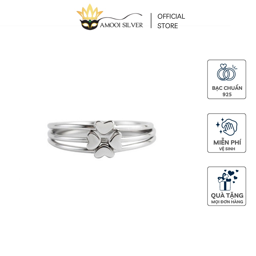 Nhẫn bạc S925 3 chiếc trái tim cỏ 4 lá - Amooi Silver AN89