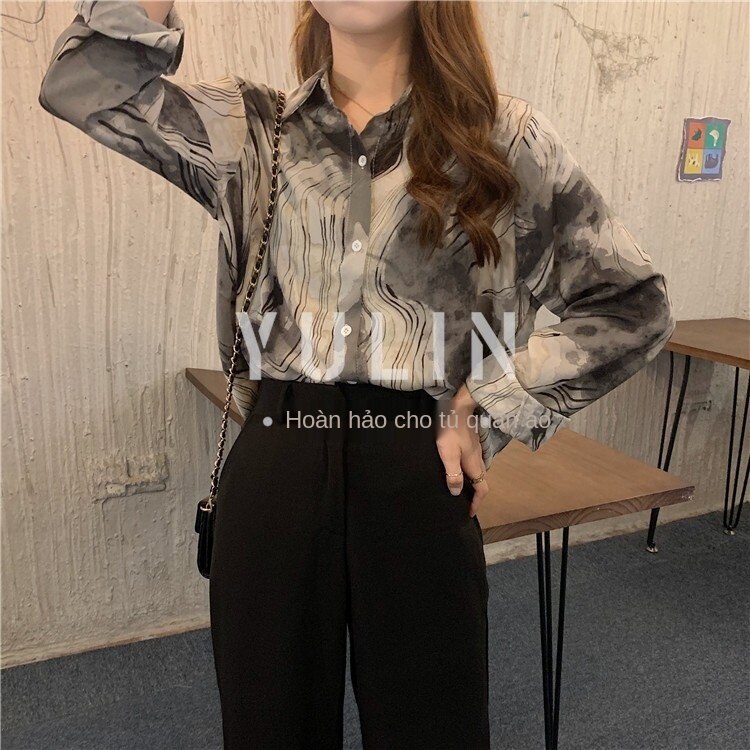 YL Chiffon Shirt With Ink Print Retro Hong Kong Fashion Spring Summer New For Women 2021