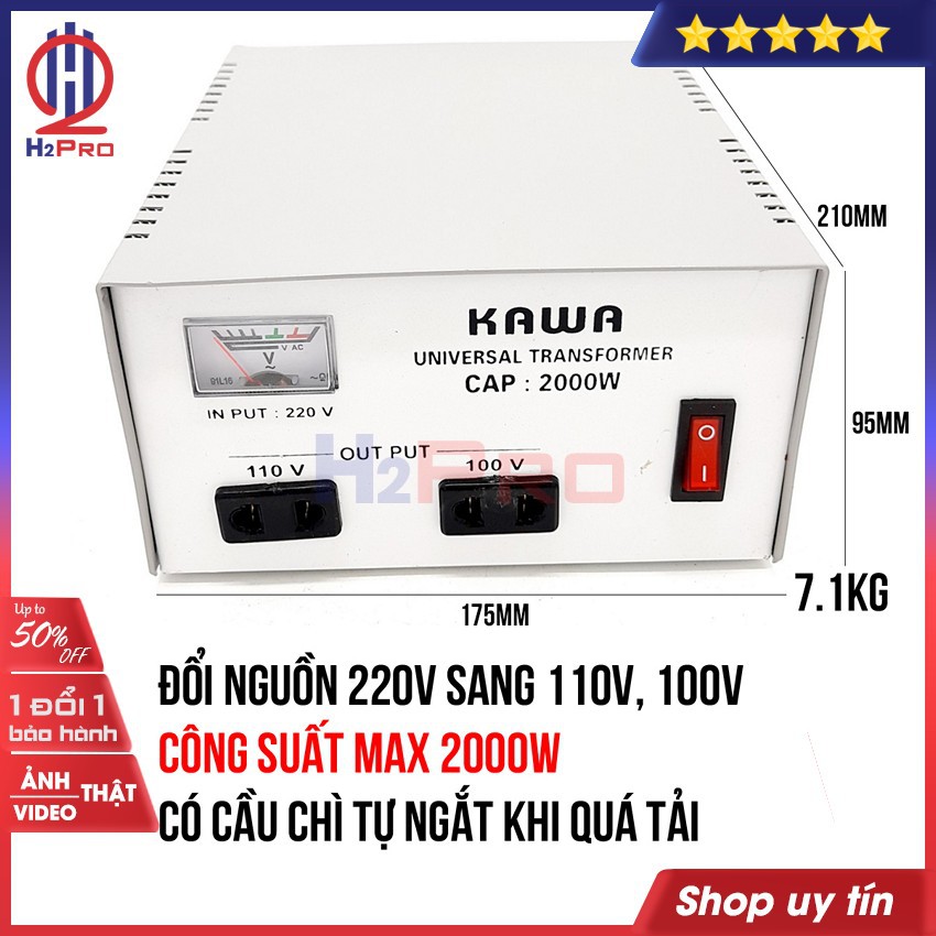 Bộ đổi nguồn 220V sang 110V-100V hoặc đổi nguồn 110V sang 220V KAWA H2Pro 2000W cao cấp, chất lượng cao-an toàn