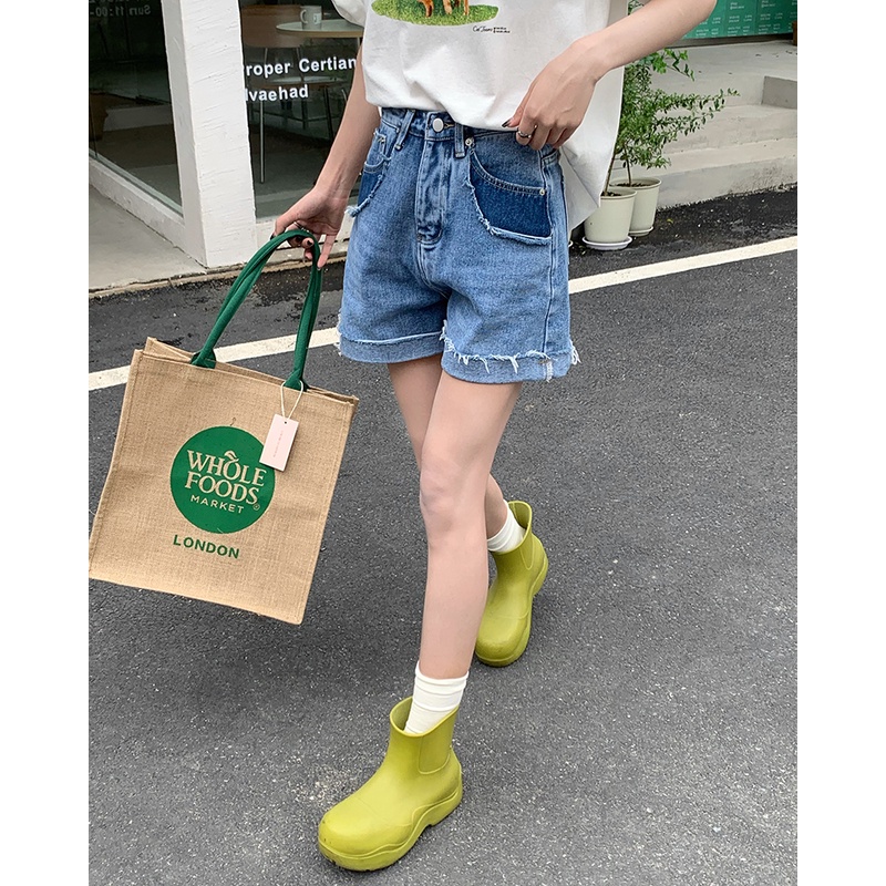 Quần Đùi jeans Lưng Cao Ống Rộng Thời Trang retro Cho Nữ