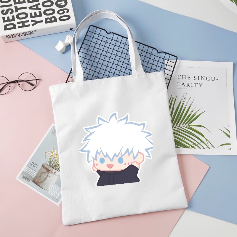 Túi tote vải đen trắng in hình JUJUTSU KAISEN VER TẬP THỂ DỤC anime chibi dễ thương