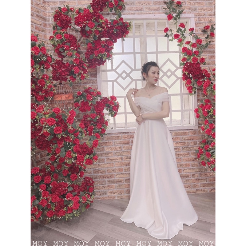 Váy bệt vai voan xòe phi nơ đan lưng - Váy đi bàn đơn giản-H318