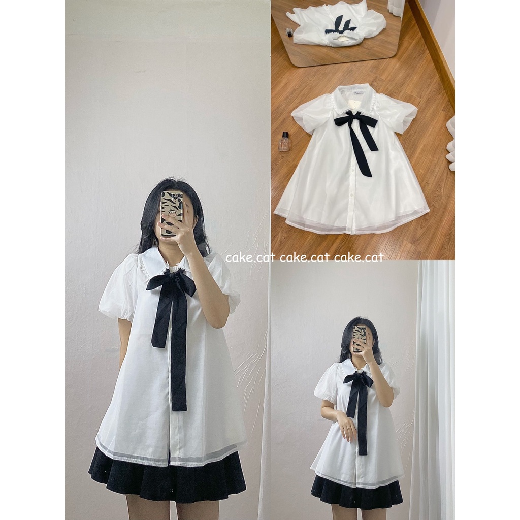 Áo Babydoll Voan Nơ Đen Tay Bồng Lót Lụa Cổ Xinh