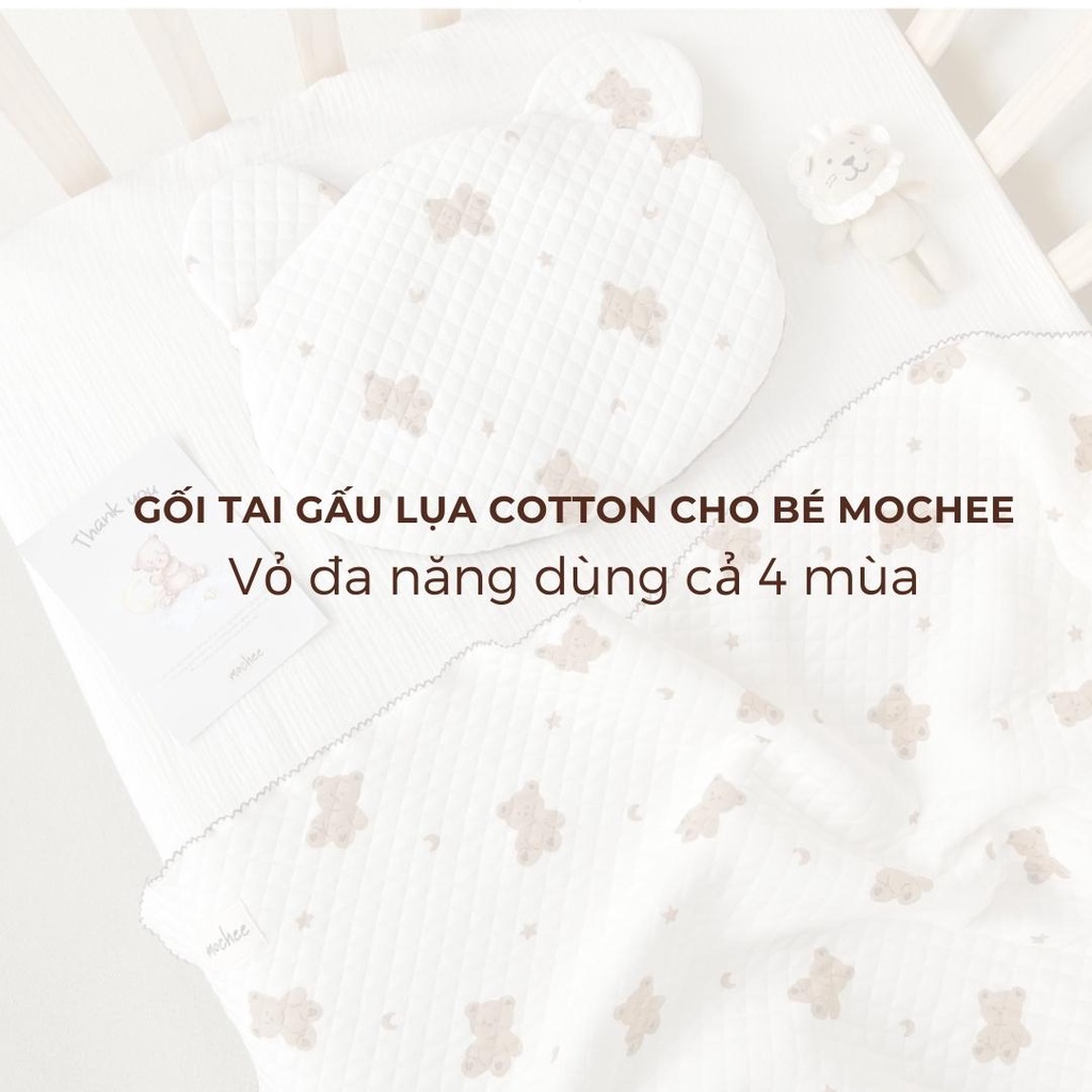 Gối tai gấu lụa cotton Mochee cho bé họa tiết mềm mại