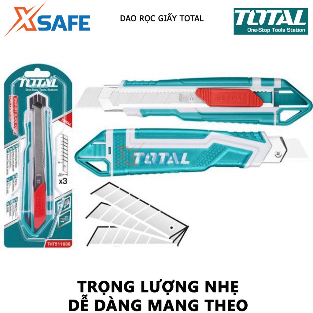 Dao rọc giấy TOTAL THT511836 Dao cắt giấy chiều dài 169mm, kích thước lưỡi 18mmx100mm, kèm 3 lưỡi SK5, nút nhấn phẳng