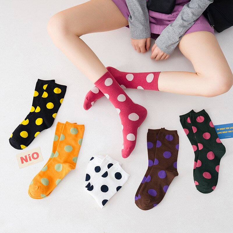 Sweet Dotted Pattern Cotton Girls Crew Socks Fashion Colorful Korean Students Soft Solid Sport Casual Hosiery Elastic Women Socks