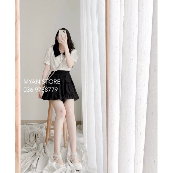 sét bộ váy ngắn phối áo kiểu cổ bẻ sơ mi ngắn tay