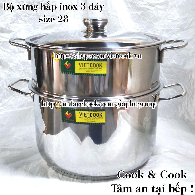 [HÀNG CHÍNH HÃNG]Bộ xửng hấp 3 đáy inox 430 Vietcook nắp kính, dùng được cho bếp từ tặng muống bới xôi(30cm)