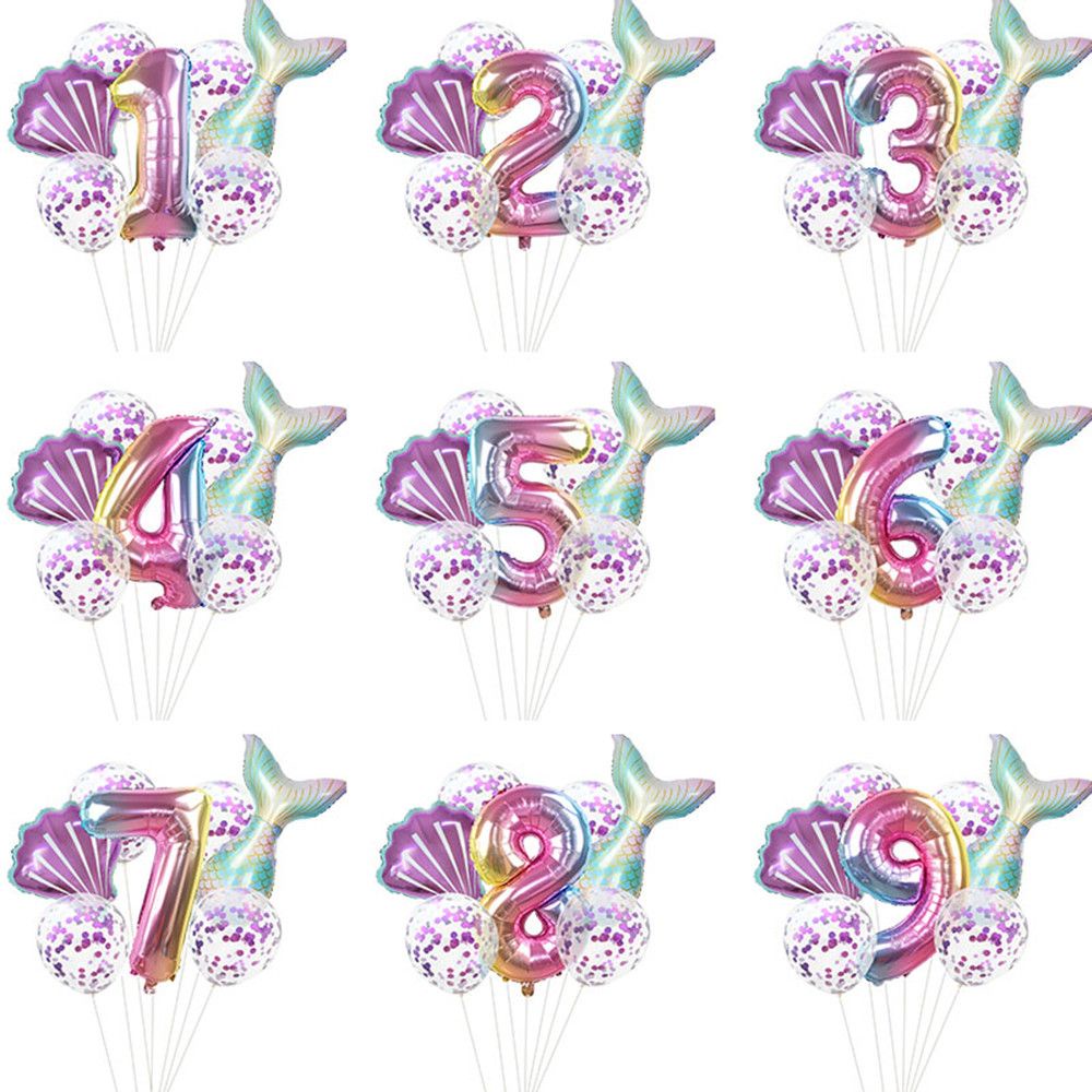 JANE 7pcs/lot Baby Shower Mermaid Tail Balloon Gradient Color Decoration Supplies Number Foil Balloons Large Helium Globos Kids 32 inch Birthday Party