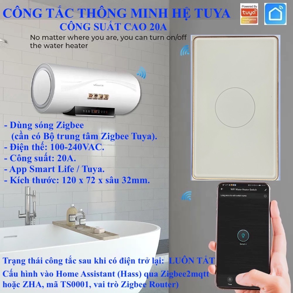 Công tắc thông minh Tuya công suất lớn 20A cho Máy nước nóng/ Máy lạnh/ Bếp điện App Tuya/ Smart Life/ Home Assistant -