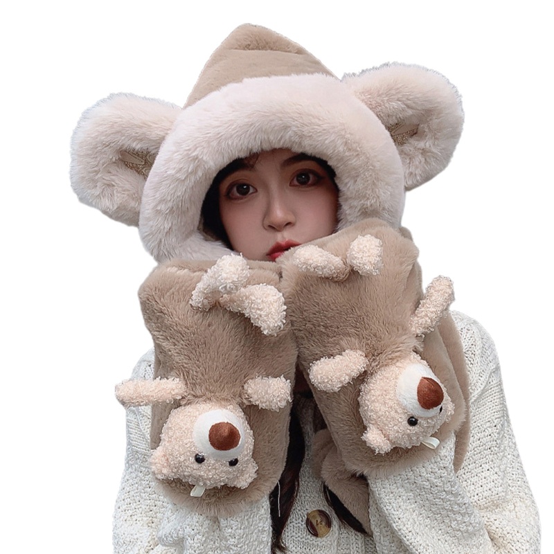 Khăn Quàng Cổ / Mũ / Găng Tay 3 Trong 1 Siêu Mềm Họa Tiết Gấu Hoạt Hình Dễ