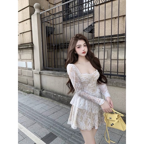 SẴN🎀Đầm ren tiểu thư cổ vuông dự tiệc xoè bồng 2 tầng sang chảnh/ Váy công chúa dự tiệc phong cách Hàn Quốc cưới