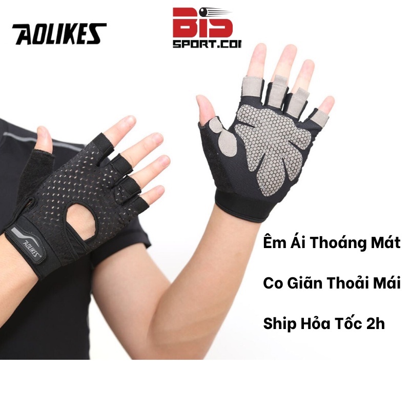 Bộ Đôi Bao Tay Thể Thao Aolike Loại Nữa Ngón - Đen Viền Xám - Hỗ Trợ Cầm Tạ , Đu Xà Đơn Bám Thanh Không Bị Tuột