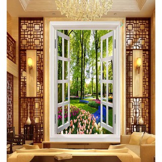 Tranh dán tường 3D Cửa sổ hoa tulip khổ dọc ở Hà Nội - vải lụa kim tuyến