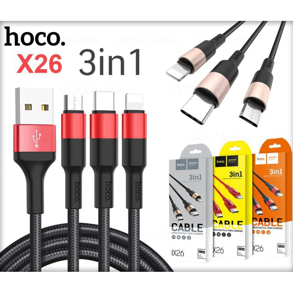 Cáp Sạc Nhanh 3 Đầu Chống Đứt Gãy Hoco X26 Lighting Micro Usb Type C dây dù dài 1m cho Iphone Ipad samsung xiaomi vsmart