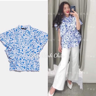 Áo hoa xanh bèo Zarraa canh sale, ảnh thật