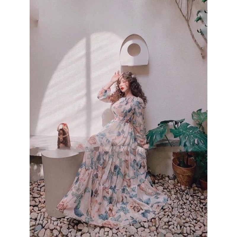 ĐẦM MAXI HOA XÒE (SIZE S-M-L) NHÚNG NGỰC TAY DÀI PHỒNG HÀNG THIẾT KẾ | BigBuy360 - bigbuy360.vn