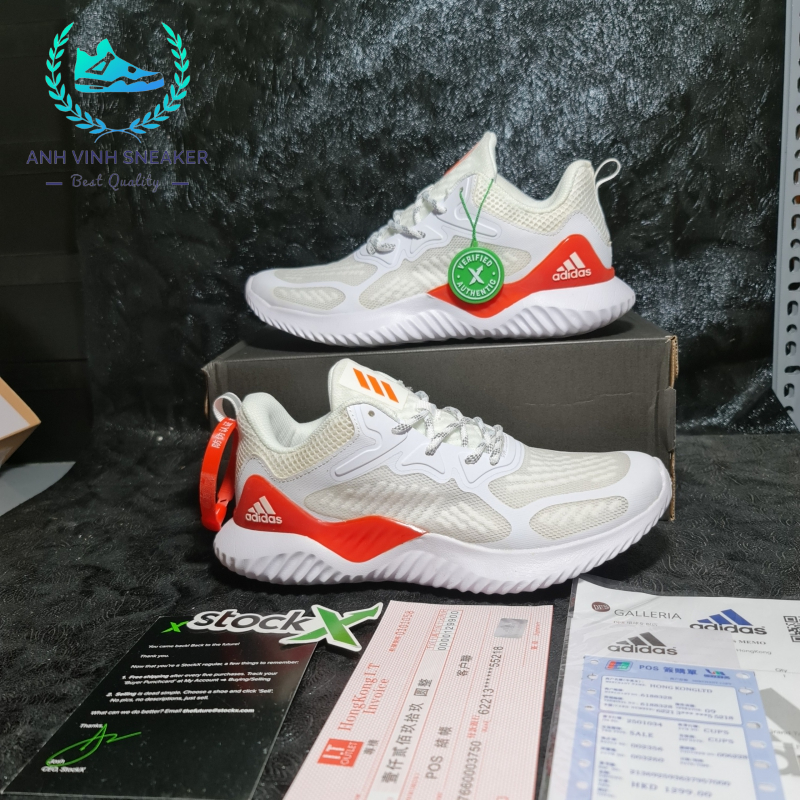 Giày sneaker unisex adidas alphabounce boost màu trắng đỏ thể thao chạy bộ nam nữ hiệu suất cao đế continental cao cấp