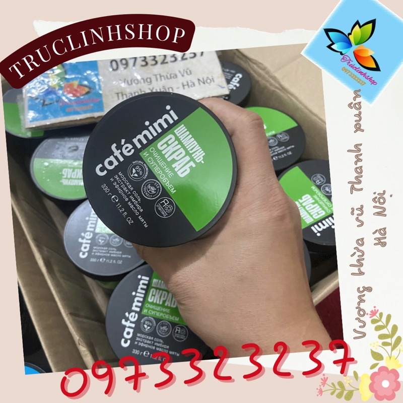 Dầu gội tẩy da chết Cafe Mimi Shampoo Scrub Super Volumn Cleansing màu xanh lá dành cho tóc dầu đến siêu dầu 330 ml