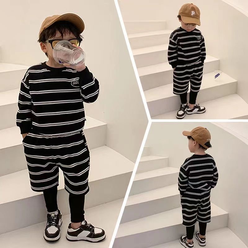 Bộ Áo Sweater Giả Hai Mảnh + Quần Dài Kẻ Sọc Phong Cách Nhật Hàn Thời Trang Xuân Thu Hàng Mới 2022 Dành Cho Bé Trai Mẫu Giáo