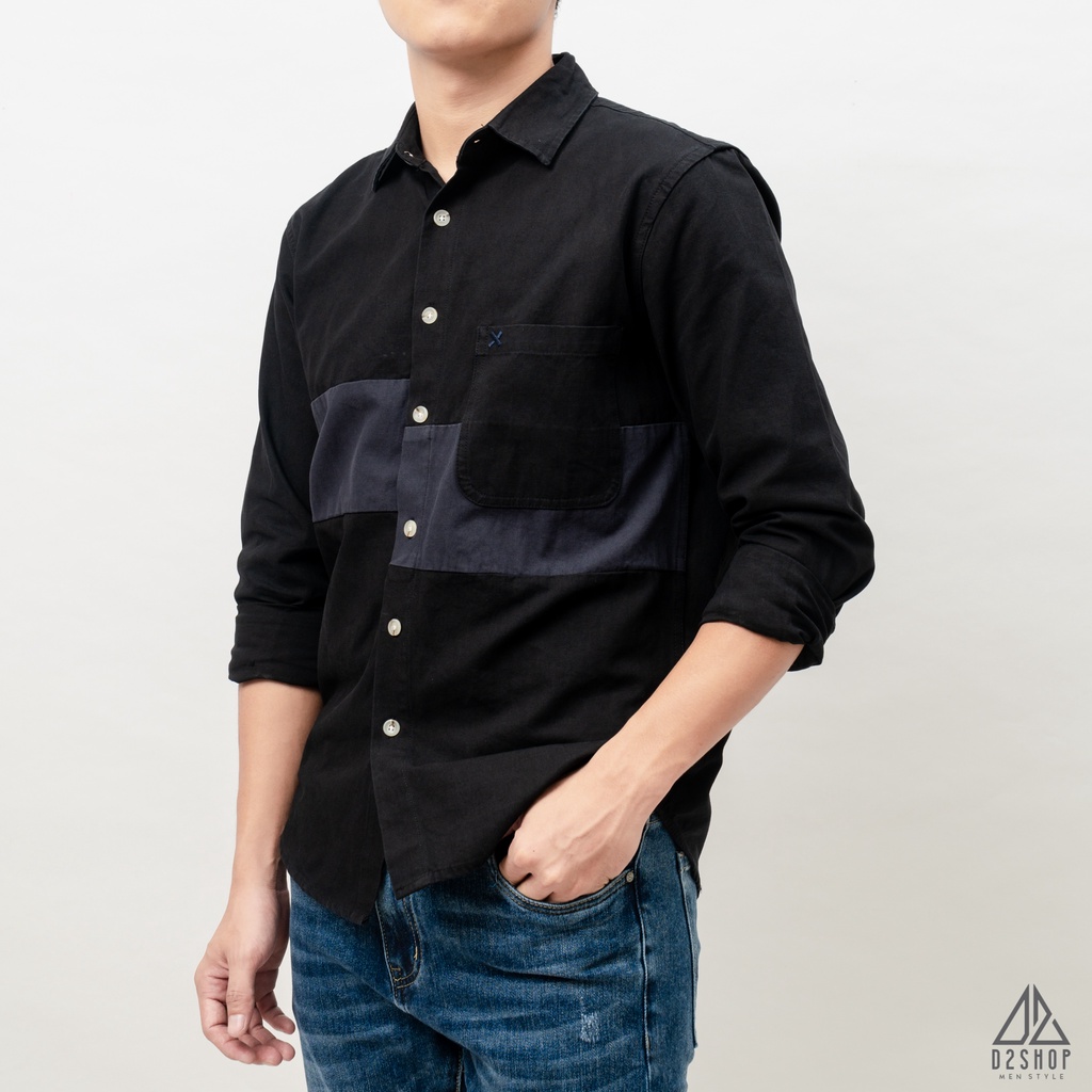 Áo sơ mi nam D2shop, áo sơ mi nam dài tay, vải kaki, phối ngực thêu X, màu đen