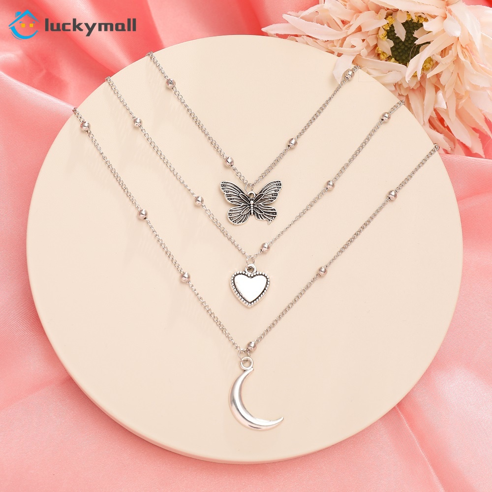 Set 3 Vòng Cổ Nhiều Lớp Mặt Hình Bướm / Mặt Trăng / Trái Tim Thời Trang Cho Nữ