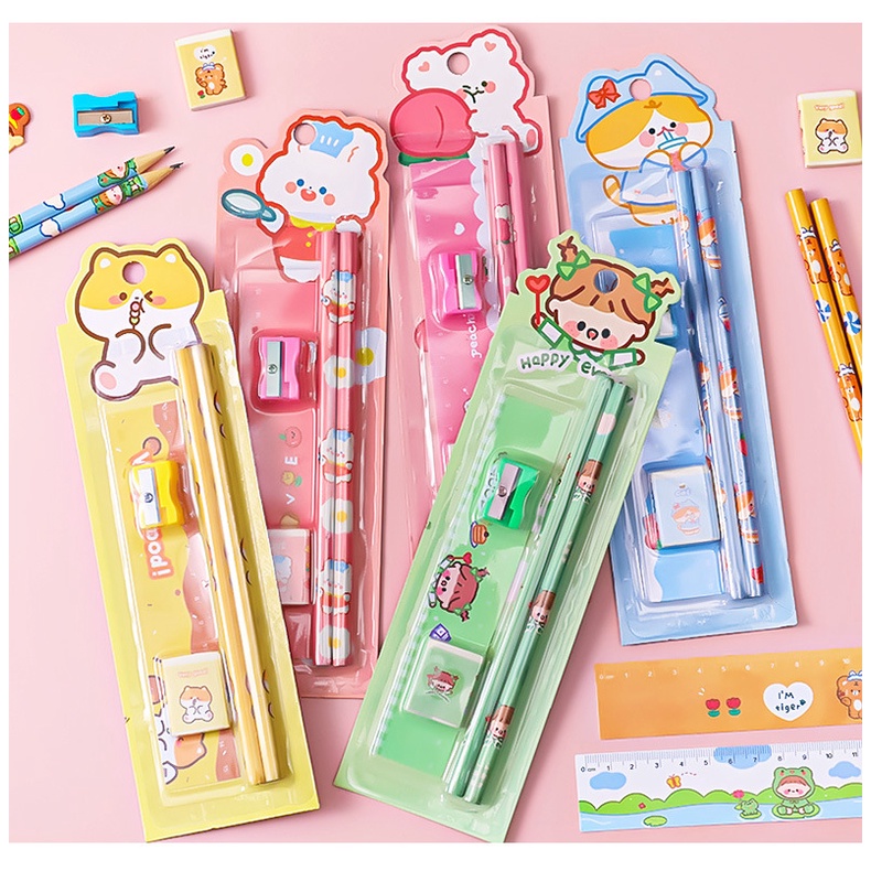 Set bút chì gỗ kèm tẩy và gọt chì hình thú dễ thương BAG U SETBUTCHI075