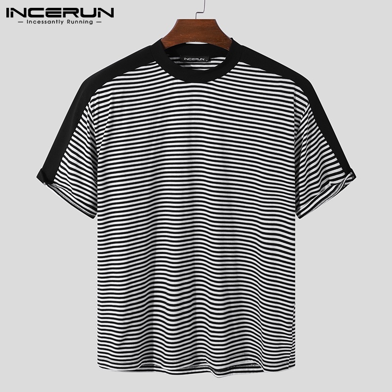 Áo thun INCERUN ngắn tay cổ tròn mềm mại họa tiết kẻ sọc phong cách đơn giản cho nam