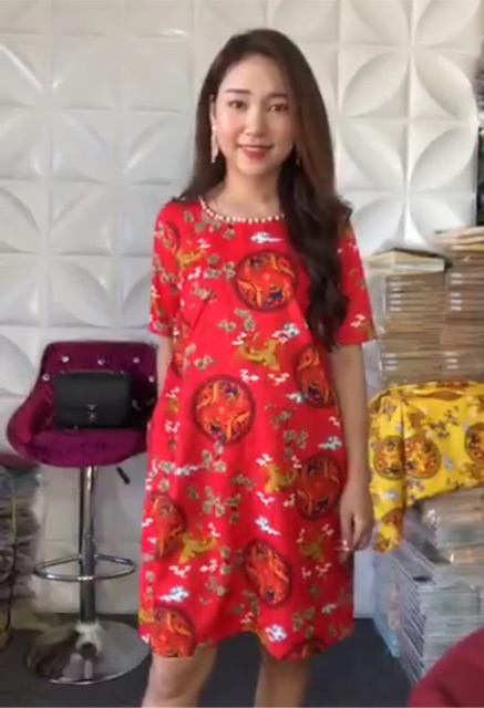 Đầm bầu tết- váy bầu gấm thêu cao cấp