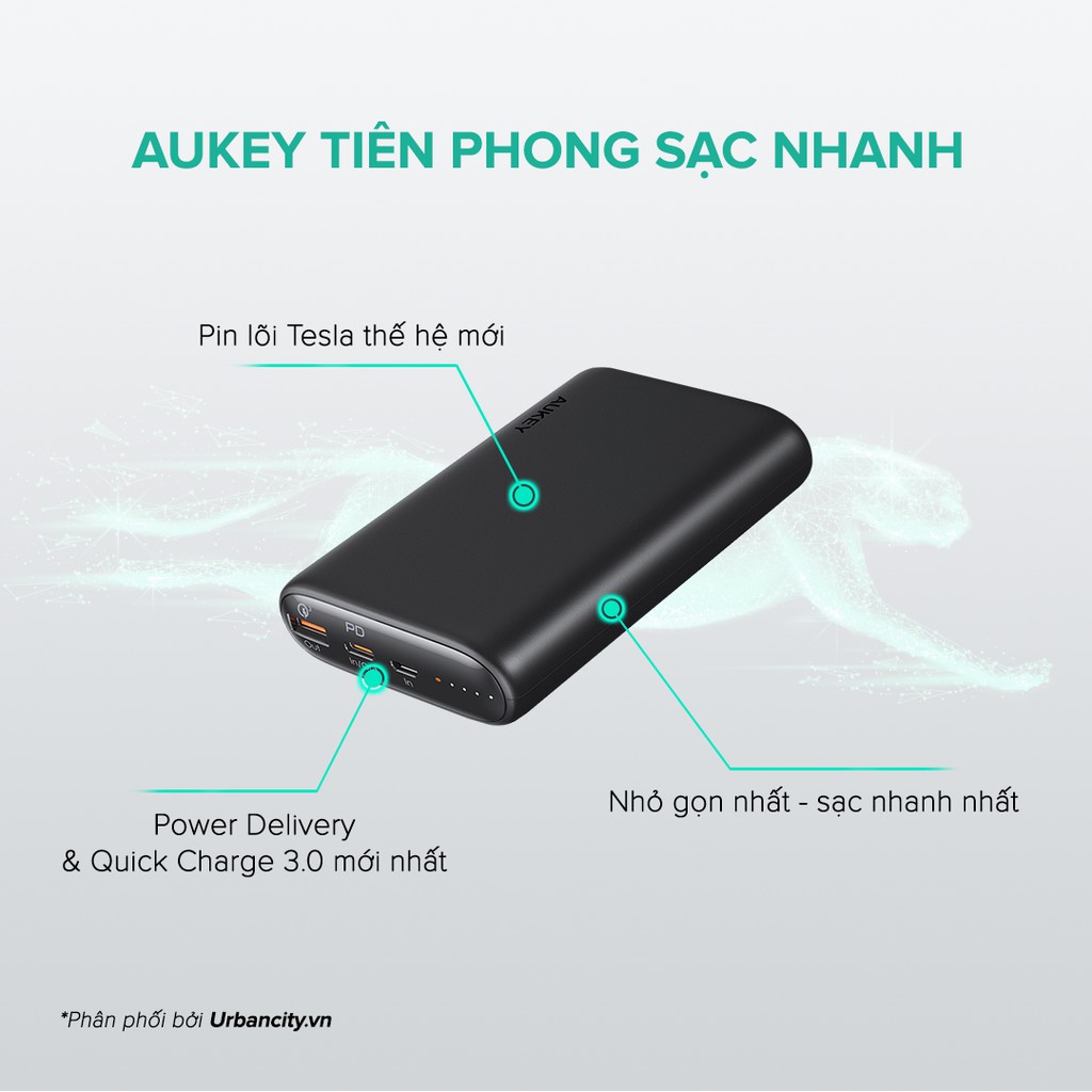 [Mã ELMALL300K giảm 5% đơn 500K] Pin Aukey PB-Y39 15.000 mAh Lõi Tesla Bền X7, Sạc Nhanh QC 3.0 Và PD 18W