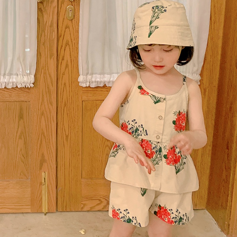 Bộ áo hai dây + quần short + mũ in hoa thời trang mùa hè cho bé gái