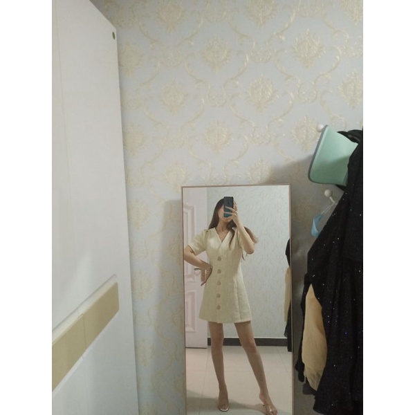 Đầm váy ngắn tay vải thô phong cách trẻ trung thanh lịch công sở