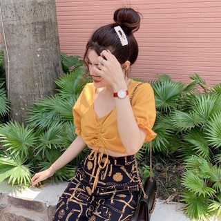 Áo croptop kiểu tay bèo rút dây giữa cực xinh