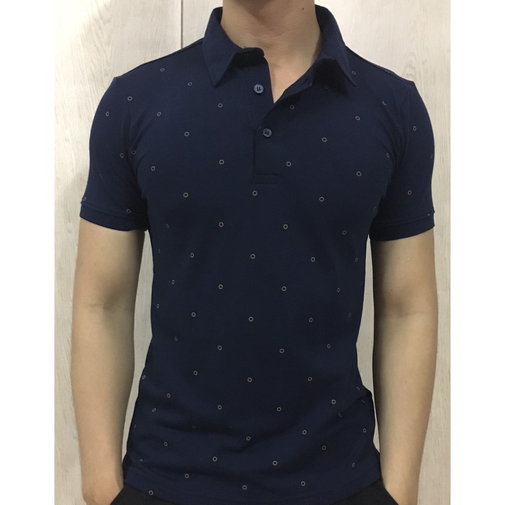 Áo Thun Nam Polo Cá Sấu ngắn tay có cổ màu Xanh Đen chấm bi vàng Massimo Dutti - Phong Cách Nhà Kinh Doanh